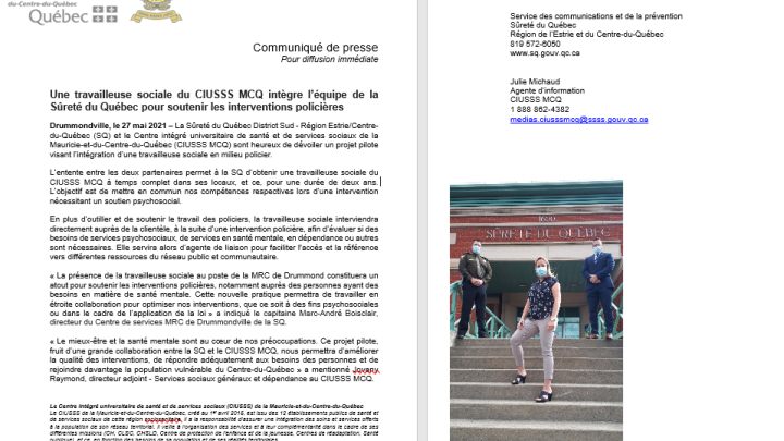 Une travailleuse sociale du CIUSSS MCQ intègre l'équipe de la Sûreté du Québec pour soutenir les interventions policières