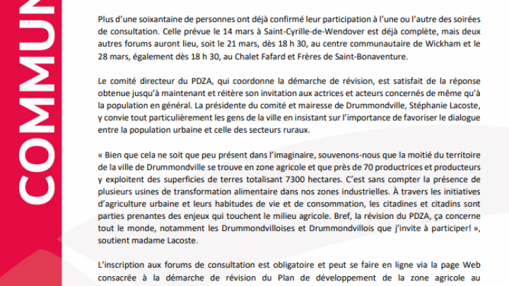 Développement et mise en valeur de la zone agricole : des enjeux qui nous concernent toutes et tous!