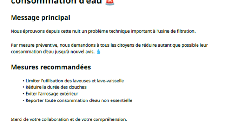 Réduction d'eau pour les citoyens branchés sur le réseau de Saint-David