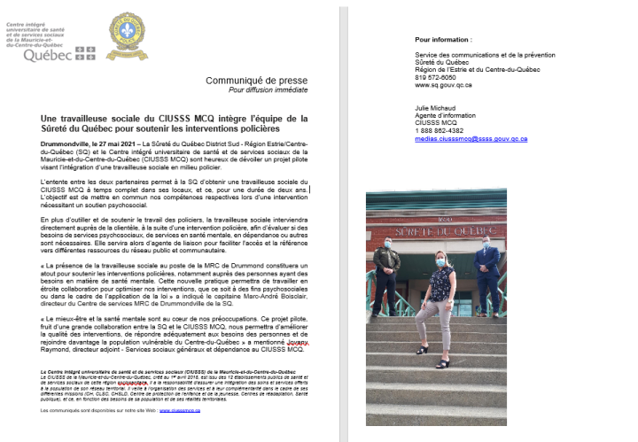 Une travailleuse sociale du CIUSSS MCQ intègre l'équipe de la Sûreté du Québec pour soutenir les interventions policières