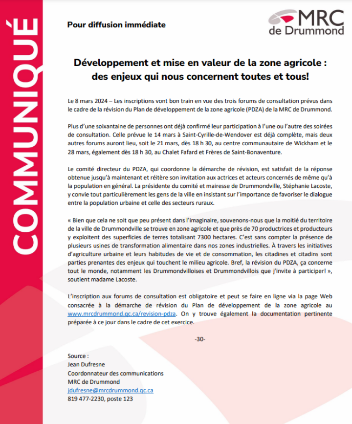 Développement et mise en valeur de la zone agricole : des enjeux qui nous concernent toutes et tous!