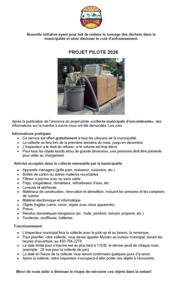 Information supplémentaires concernant la collecte municipale