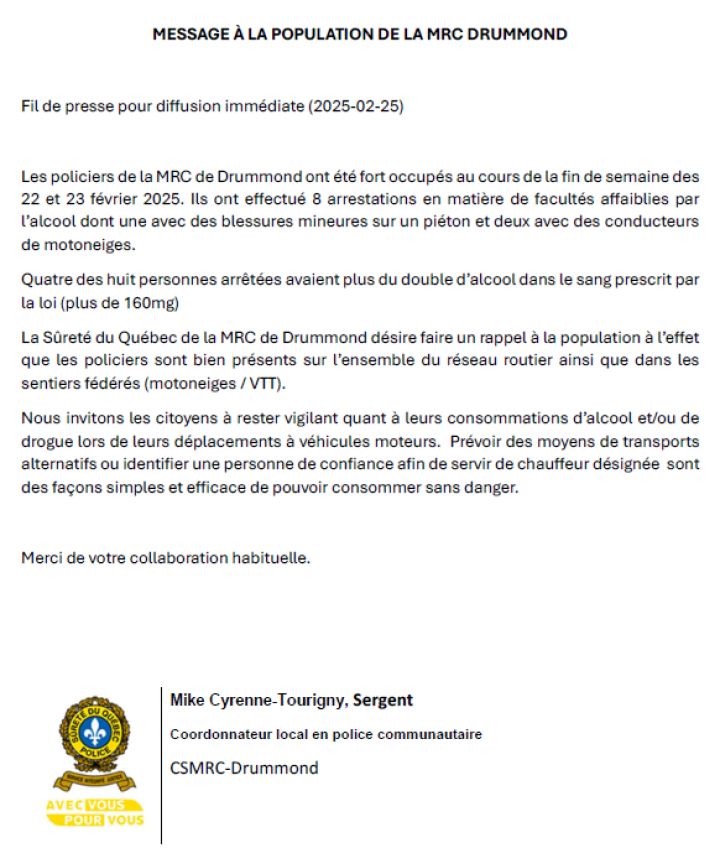 MESSAGE À LA POPULATION DE LA MRC DRUMMOND- ALCOOL AU VOLANT