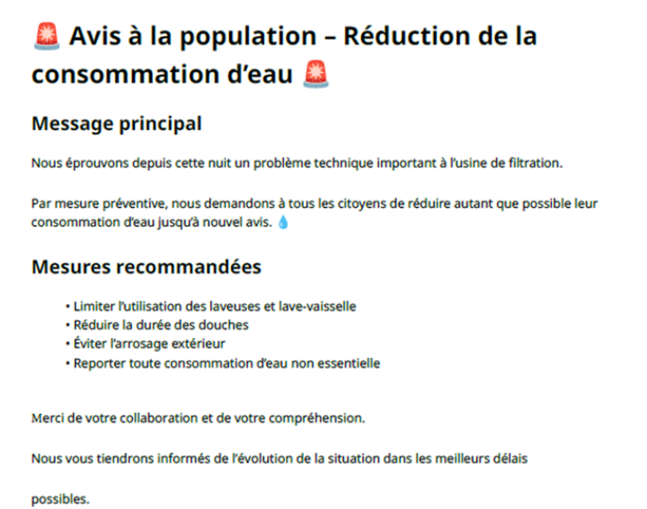 Réduction d'eau pour les citoyens branchés sur le réseau de Saint-David
